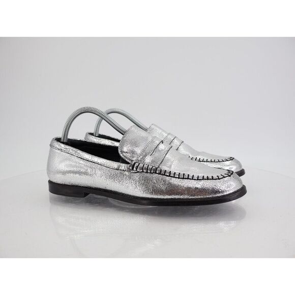 Free People Blanket Stitch Loafer Women's 9 Silver Metallic Leather Slip On Shoe - Picture 1 of 14